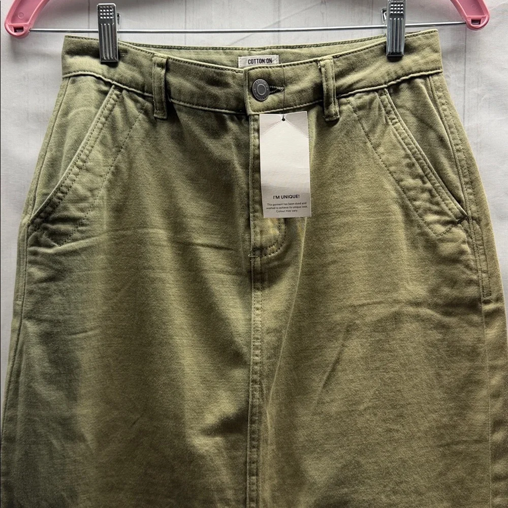Cotton On NWT Khaki Green Denim Front Slit Midi Skirt Size 2